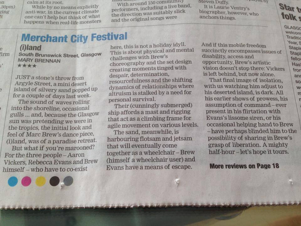 4 **** Review of (i)land in The Herald by Mary Brennan from performances in Glasgow at Merchant City Festival as part of Culture 2014