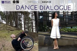 Two images of the dancers from Logue. Marc is on the left. His is tipped onto his back in his wheelchair surrounded by pine forest. Mariska is dressed in white dress in ballet shoes on a city street.