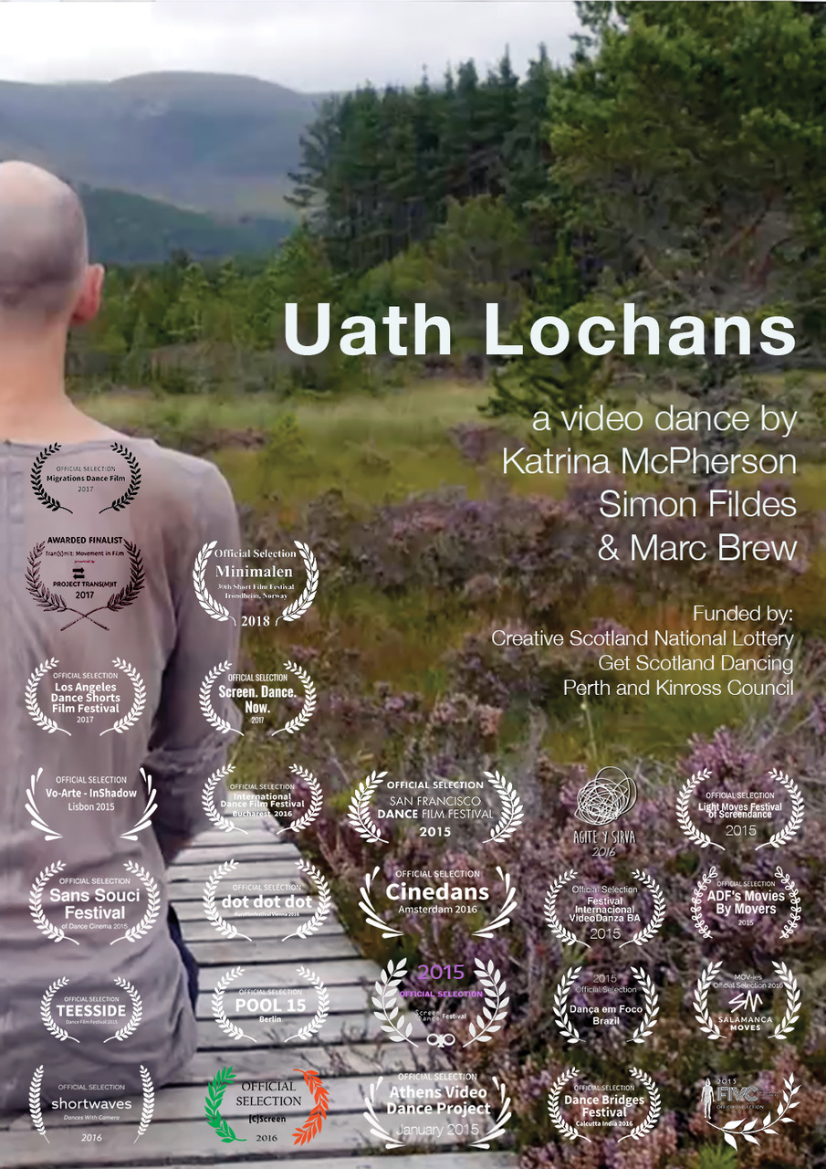 An Image of the back of Marcs body and head, sitting on a wood cladded path in a field. The text reads "Oath Lochans, a video dance by Katrina Simon Fildes and Marc Brew. Funded by Creative Scotland National Lottery, Get Scotland Dancing, Perth and Kinross Council. Multiple Logos for the festivals and awards nominated are present on the poster.
