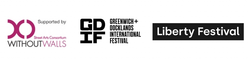 This image shows three logos for 'Liberty Festival Trafalgar Square 2008', 'Greenwich and Docklands International Festival 2009' and Without Walls Street Arts Consortium'