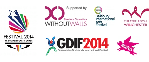 Multiple logos are shown for 'Festival 2014 commonwealth games', ' Supported by Street arts consortium without walls', ' Salisbury international arts festival', 'Theatre Royal Winchester', 'Mint Festival' and 'Greenwich and Docklands international festival'
