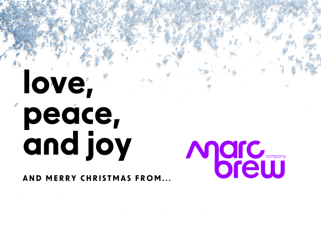 A white background with black text that reads " love, peace and joy and merry Christmas from..." a purple Marc Brew Company logo is next to this. Snow crystals are at the top of the image.