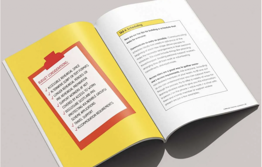An image of a booklet open in the middle, showing information regarding the creative access toolkit created by Lung Ha Theatre.